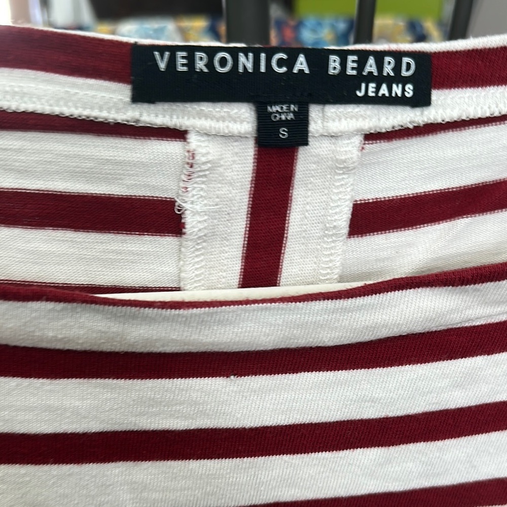 Veronica Beard Red Striped Cotton top with 3/4 Sleeves - Picture 2 of 5